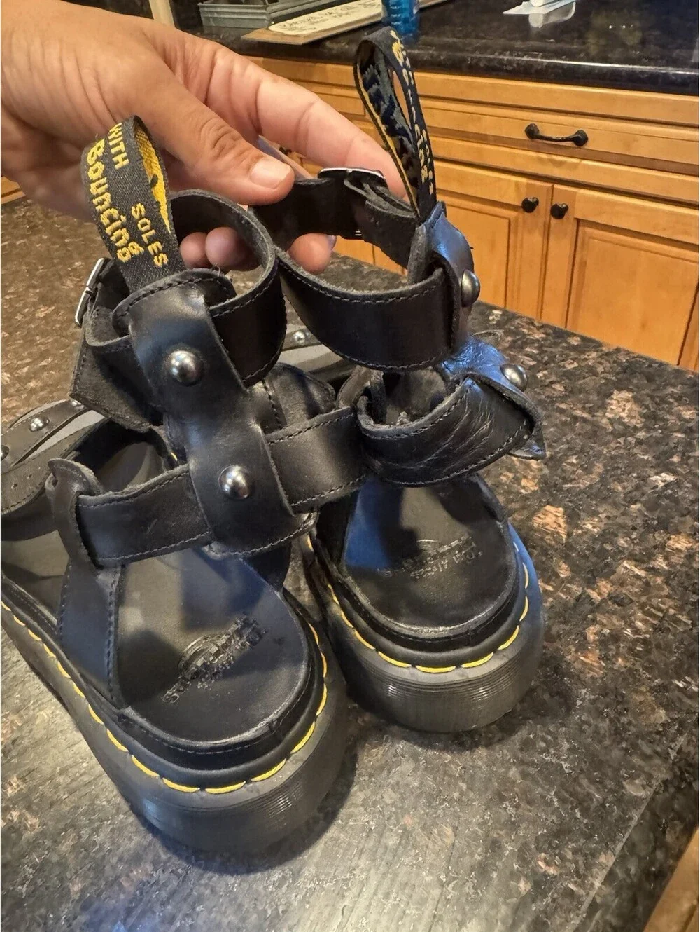 DR MARTENS Imojeen Black Leather Studded Platform Strappy Sandals Size 7